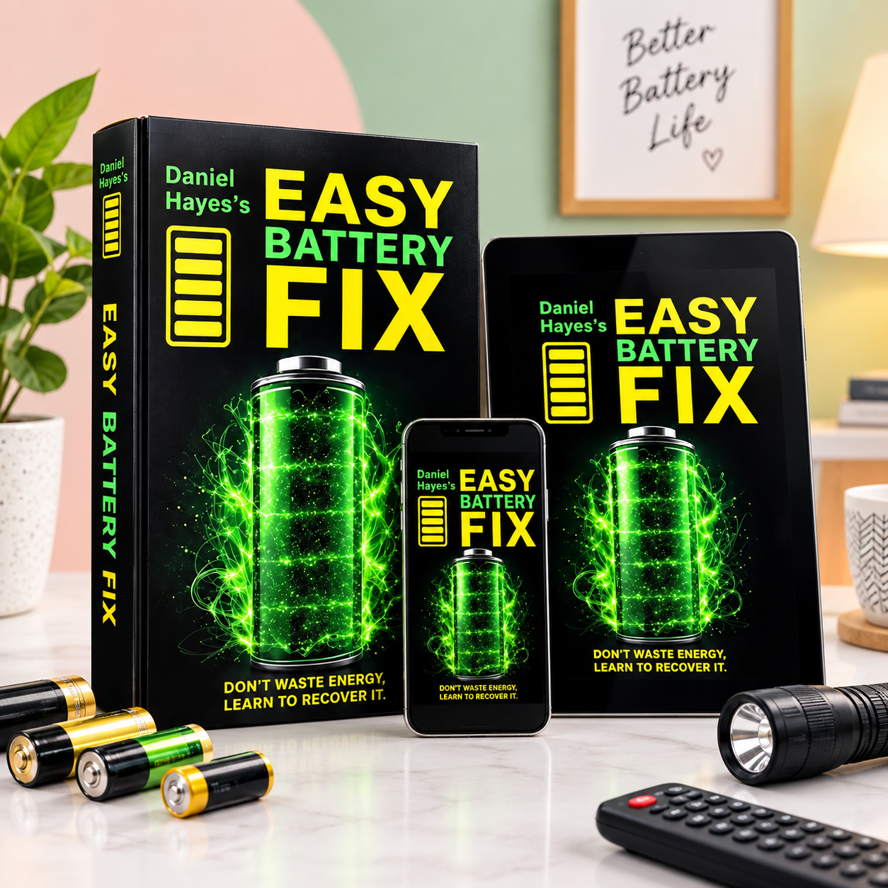 Easy Battery Fix book, tablet, and phone with batteries on a bright household tabletop
