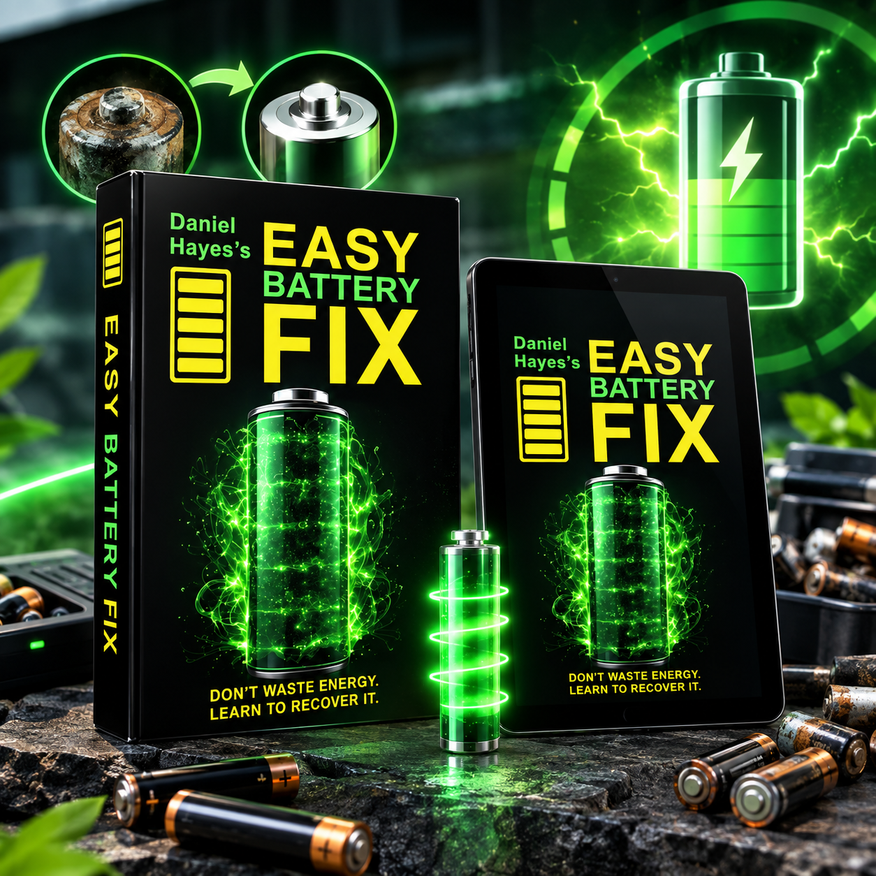 Easy Battery Fix product illustration showing a battery restoration concept in a green-lit workshop