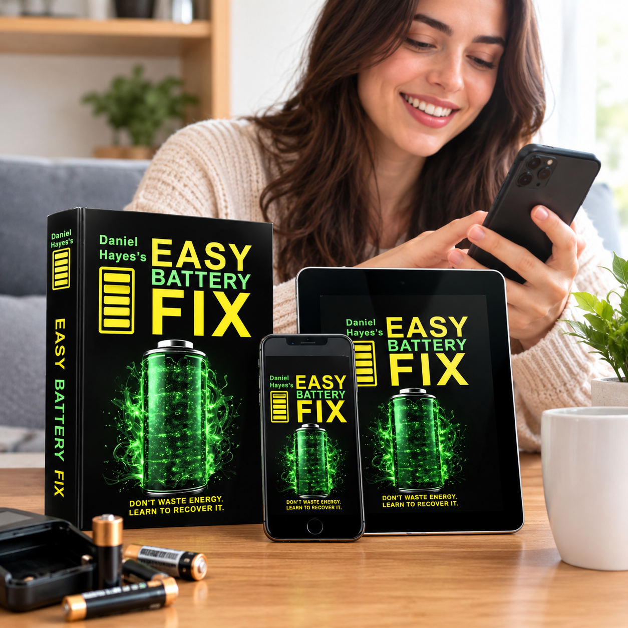 Easy Battery Fix reading materials on a wooden table in a comfortable home setting