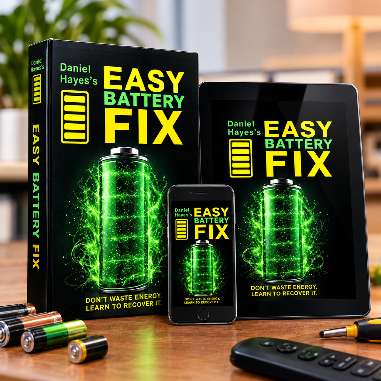 Easy Battery Fix guide displayed across a book, tablet, and smartphone on a wooden tabletop